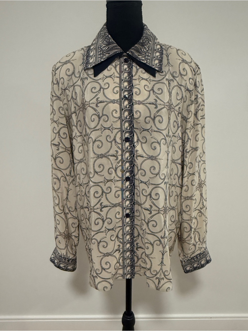 Vintage 100% Silk Button Down Shirt Luxury Unique Design Baroque Print